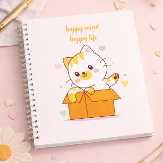 Happy Mind Happy Life Cute Cat Illustration Notitieboek