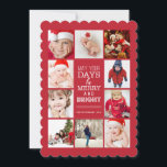 Happy Modern Merry & Bright Photo Collage Red Feestdagenkaart<br><div class="desc">Ruimte voor tien prachtige foto's van uw prachtige familie! In een feestelijke kerstrode en witte kerstkaart die perfect is om het seizoen te vieren, biedt deze kaart van 7 dagen een moderne typografie, gescallopeerde randen en een eenvoudige vormgeving om uw familiefoto's te markeren. Ruimte achteraan voor je eigen persoonlijke vakantiebericht....</div>