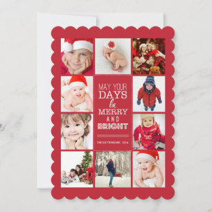 Happy Modern Merry & Bright Photo Collage Red Feestdagenkaart