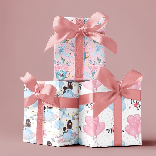 Happy Moederdag baby roze & blauw thema set van 3 Inpakpapier Vel