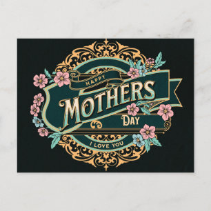 Happy Moederdag Black en Gold Floral Flowers Briefkaart