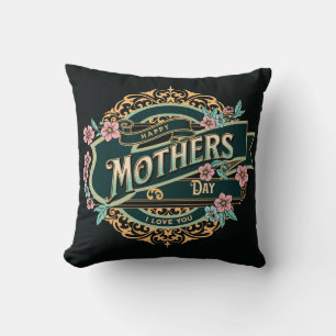 Happy Moederdag Black en Gold Floral Flowers Kussen