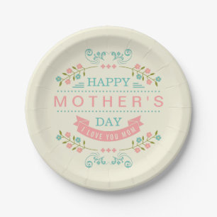 Happy Moederdag - Blauwgroen crème roze Floral Papieren Bordje