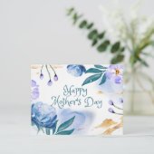 Happy Moederdag Blue, paarse bloemen Briefkaart (Staand voorkant)