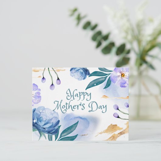 Happy Moederdag Blue, paarse bloemen Briefkaart (Staand voorkant)