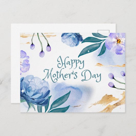 Happy Moederdag Blue, paarse bloemen Briefkaart (Voorkant / Achterkant)