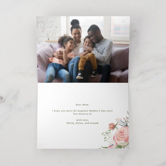 Happy Moederdag | Blush roze bloemen en goud Folie Feestdagenkaart (Binnenlaag)