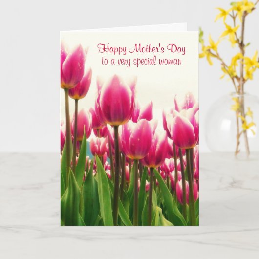 Happy Moederdag Bright Pink Tulpen Kaart (Gele Bloem)