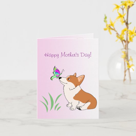 Happy Moederdag Corgi met vlinder Kaart (Gele Bloem)