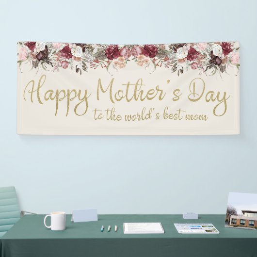 Happy Moederdag Cream Gold Script Burgundy Spandoek (Beurs)