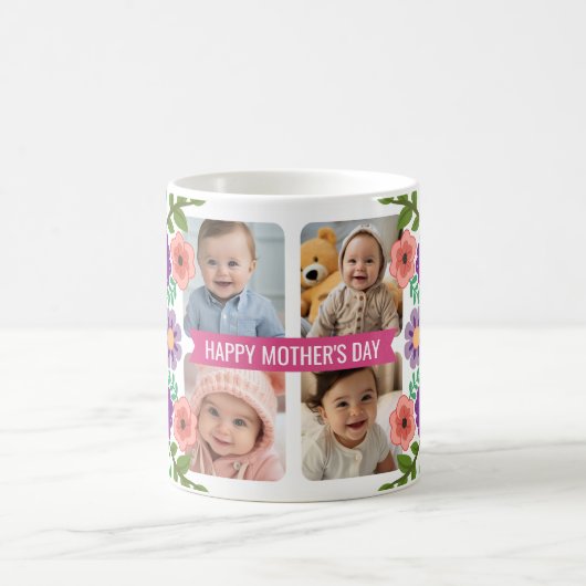 Happy Moederdag Custom 4 Photo Collage Flowers Koffiemok (Center)