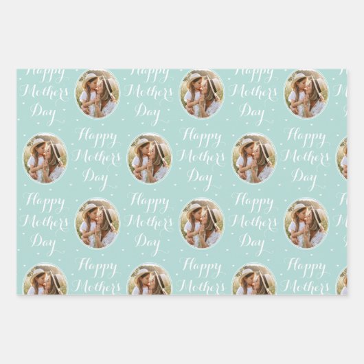 Happy Moederdag Custom Foto Mint Groen 3 Inpakpapier Vel (Voorkant)