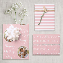 Happy Moederdag Custom Foto Pastel Roze 3 Inpakpapier Vel