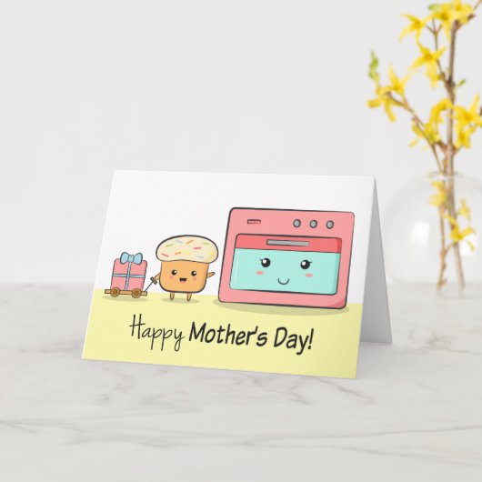Happy Moederdag - Cute Cupcake en Pink Oven Kaart (Gele Bloem)