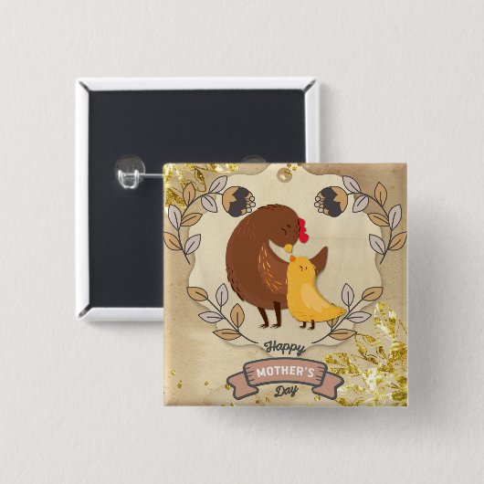 Happy Moederdag Cute Fun Chicken and Chick Vierkante Button 5,1 Cm (Voorkant /achterkant)