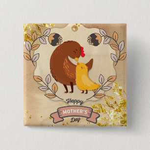 Happy Moederdag Cute Fun Chicken and Chick Vierkante Button 5,1 Cm
