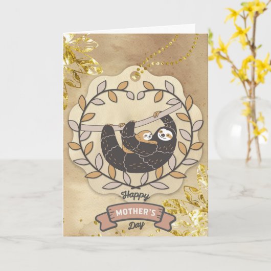 Happy Moederdag Cute Fun Koala Sloth en Baby Kaart (Gele Bloem)
