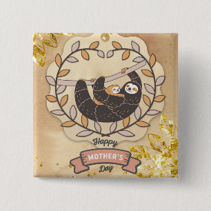 Happy Moederdag Cute Fun Koala Sloth en Baby Vierkante Button 5,1 Cm