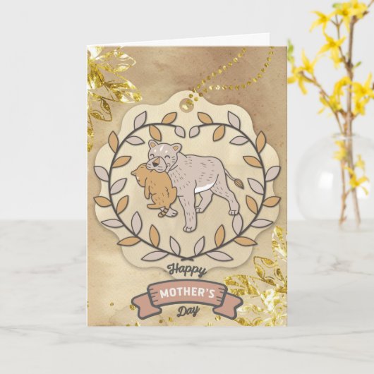 Happy Moederdag Cute Fun Lion en Cup Kaart (Gele Bloem)