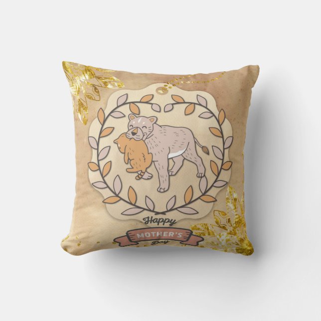 Happy Moederdag Cute Fun Lion en Cup Kussen (Voorkant)