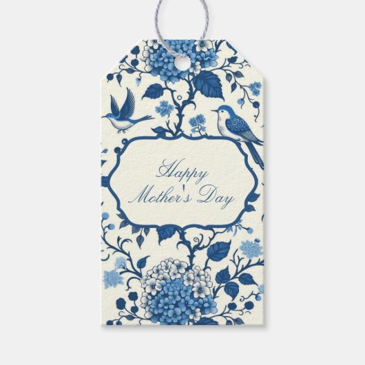 Happy Moederdag Elegant Blauw Chinoiserie Floral Cadeaulabel (Voorkant)