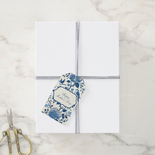 Happy Moederdag Elegant Blauw Chinoiserie Floral Cadeaulabel (Met Touw)