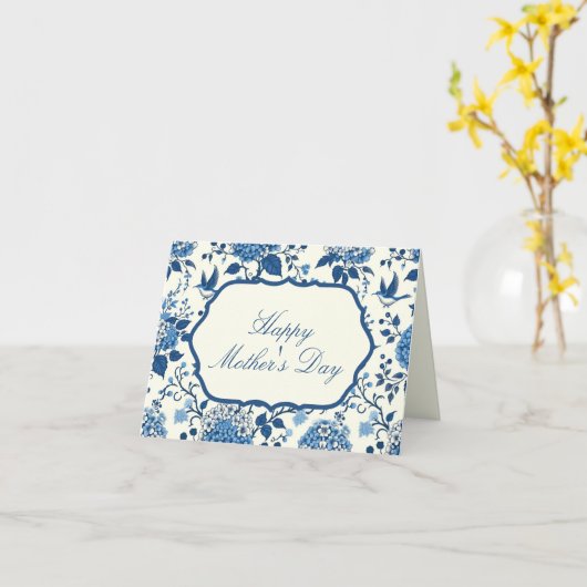 Happy Moederdag Elegant Blauw Chinoiserie Floral Kaart (Gele Bloem)