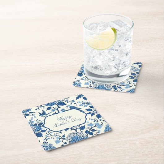 Happy Moederdag Elegant Blauw Chinoiserie Floral Kartonnen Onderzetters (Insitu)