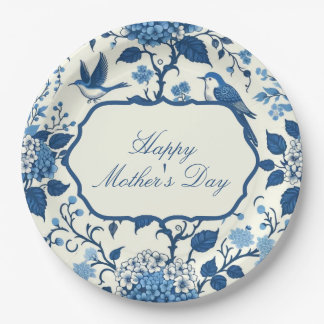 Happy Moederdag Elegant Blauw Chinoiserie Floral Papieren Bordje