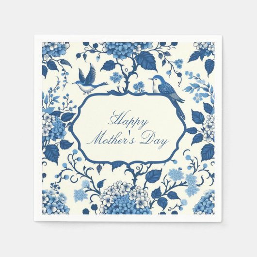 Happy Moederdag Elegant Blauw Chinoiserie Floral Servet (Voorkant)