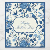 Happy Moederdag Elegant Blauw Chinoiserie Floral Wijn Etiket (Enkel label)