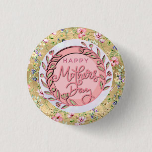 Happy Moederdag Elegant Modern Roze Bloemen Ronde Button 3,2 Cm
