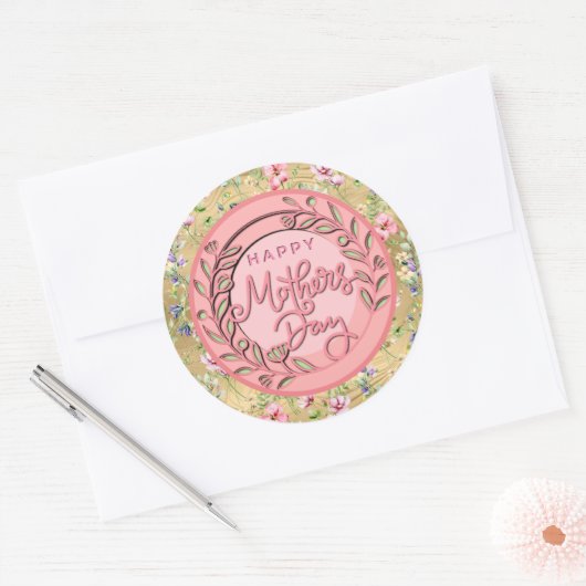 Happy Moederdag Elegant Modern Roze Bloemen Ronde Sticker (Envelop)