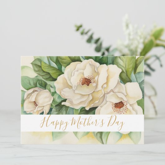 Happy Moederdag Floral Magnolia Gold Script Feestdagenkaart (Staand voorkant)