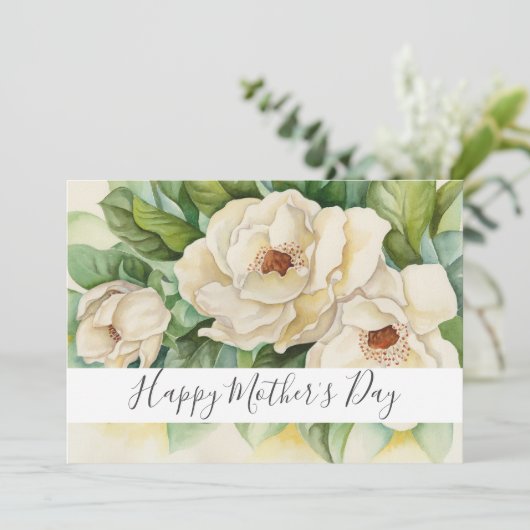 Happy Moederdag Floral Magnolia Name Script Feestdagenkaart (Staand voorkant)