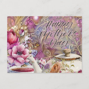Happy Moederdag Flowers en Tea Party Briefkaart