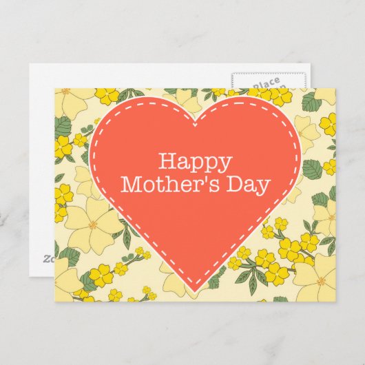 Happy Moederdag geel floral briefkaart (Voorkant / Achterkant)