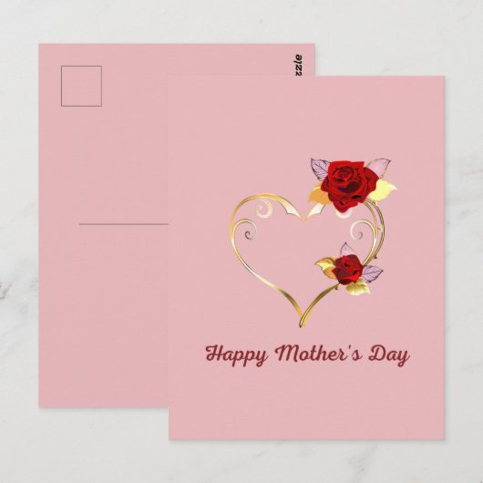 Happy Moederdag Gold Heart en Red Roses Briefkaart (Voorkant / Achterkant)