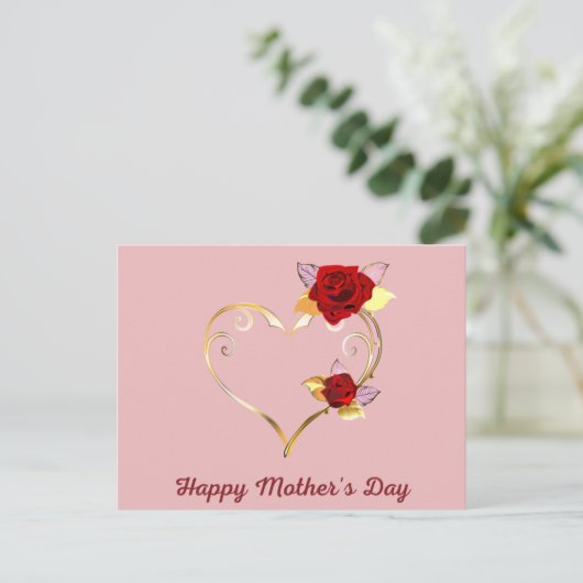 Happy Moederdag Gold Heart en Rozen Kaart (Staand voorkant)