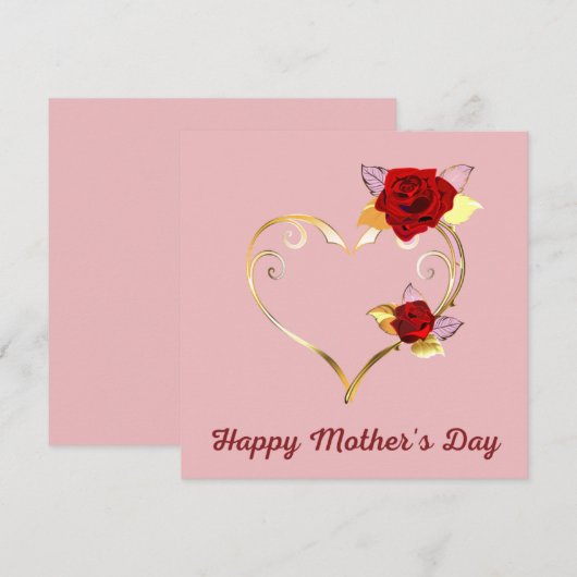 Happy Moederdag Gold Heart en Rozen Kaart (Voorkant / Achterkant)