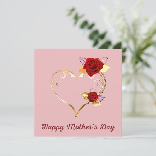 Happy Moederdag Gold Heart en Rozen Kaart (Staand voorkant)