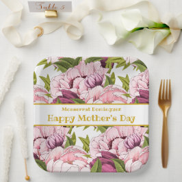 Happy Moederdag Gold Name Pink Peony Floral Papieren Bordje