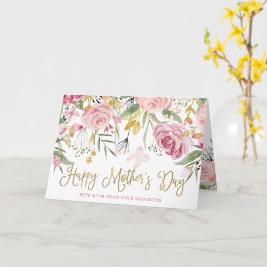 Happy Moederdag| Goud en Blush roze bloemen Kaart (Gele Bloem)