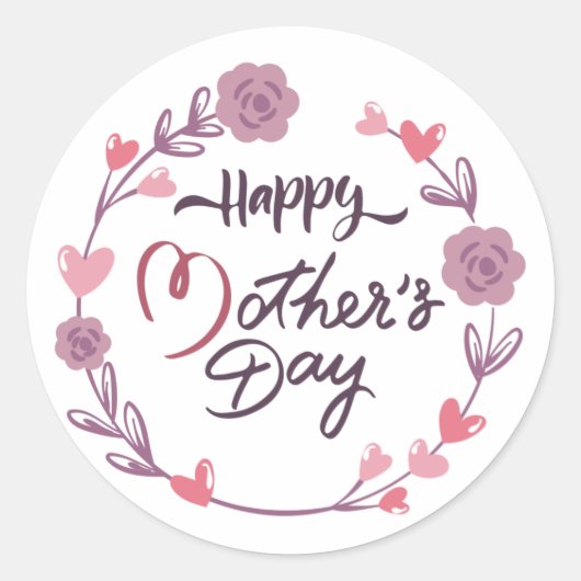 Happy Moederdag Hearts Floral Wreath Bouquet Ronde Sticker (Voorkant)