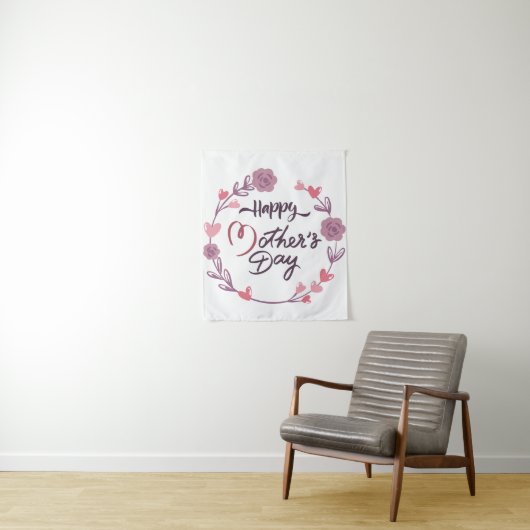 Happy Moederdag Hearts Floral Wreath Bouquet Wandkleed (In situ)