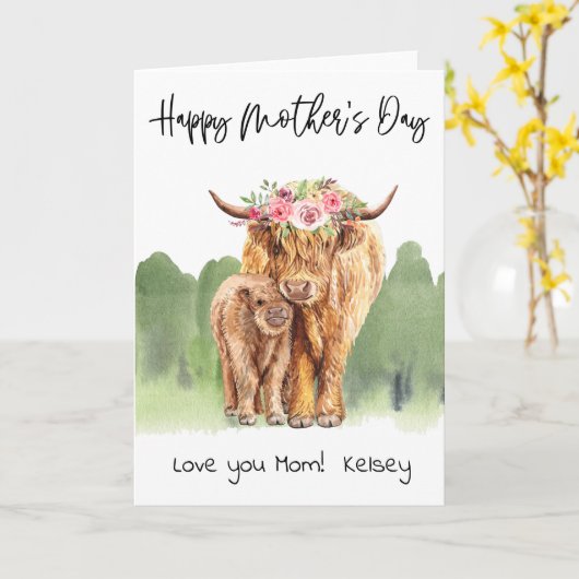 Happy Moederdag Highland Koe en Calf Kaart (Gele Bloem)