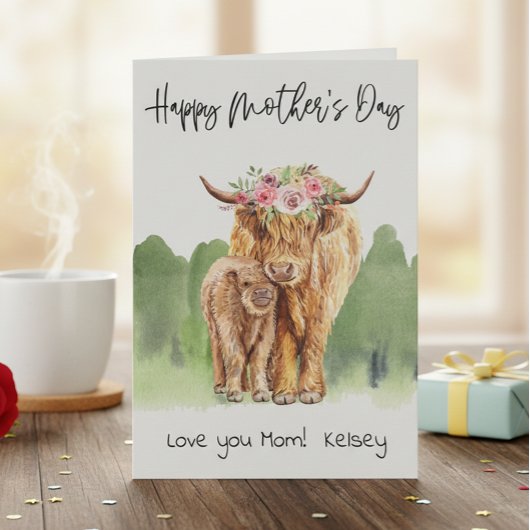 Happy Moederdag Highland Koe en Calf Kaart