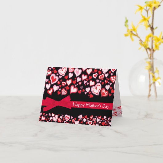 Happy Moederdag kaart harten en rood lint (Gele Bloem)