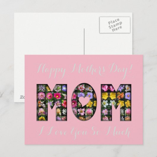 Happy Moederdag mam Ik hou van je Floral roze Briefkaart (Voorkant / Achterkant)