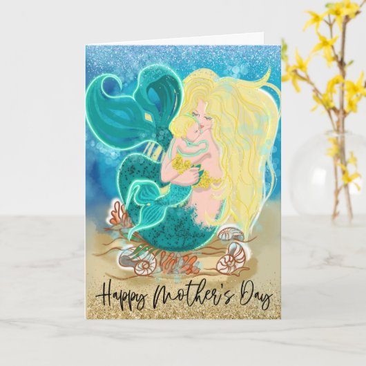 Happy Moederdag Mermaid Child Glitter Kaart (Gele Bloem)